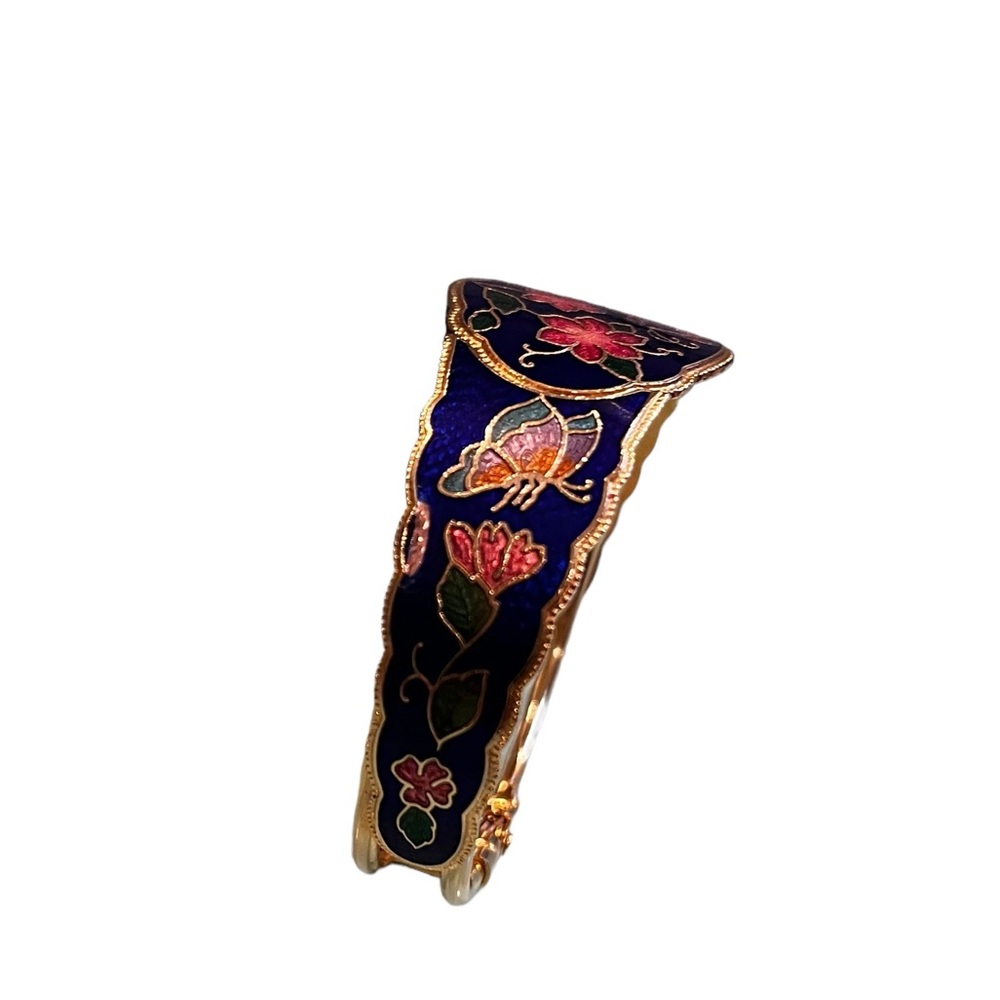 Vtg Enamel Flower Butterfly Multicolor Cloisonné Gold Tone Bracelet Cuff Bangle - Picture 6 of 12